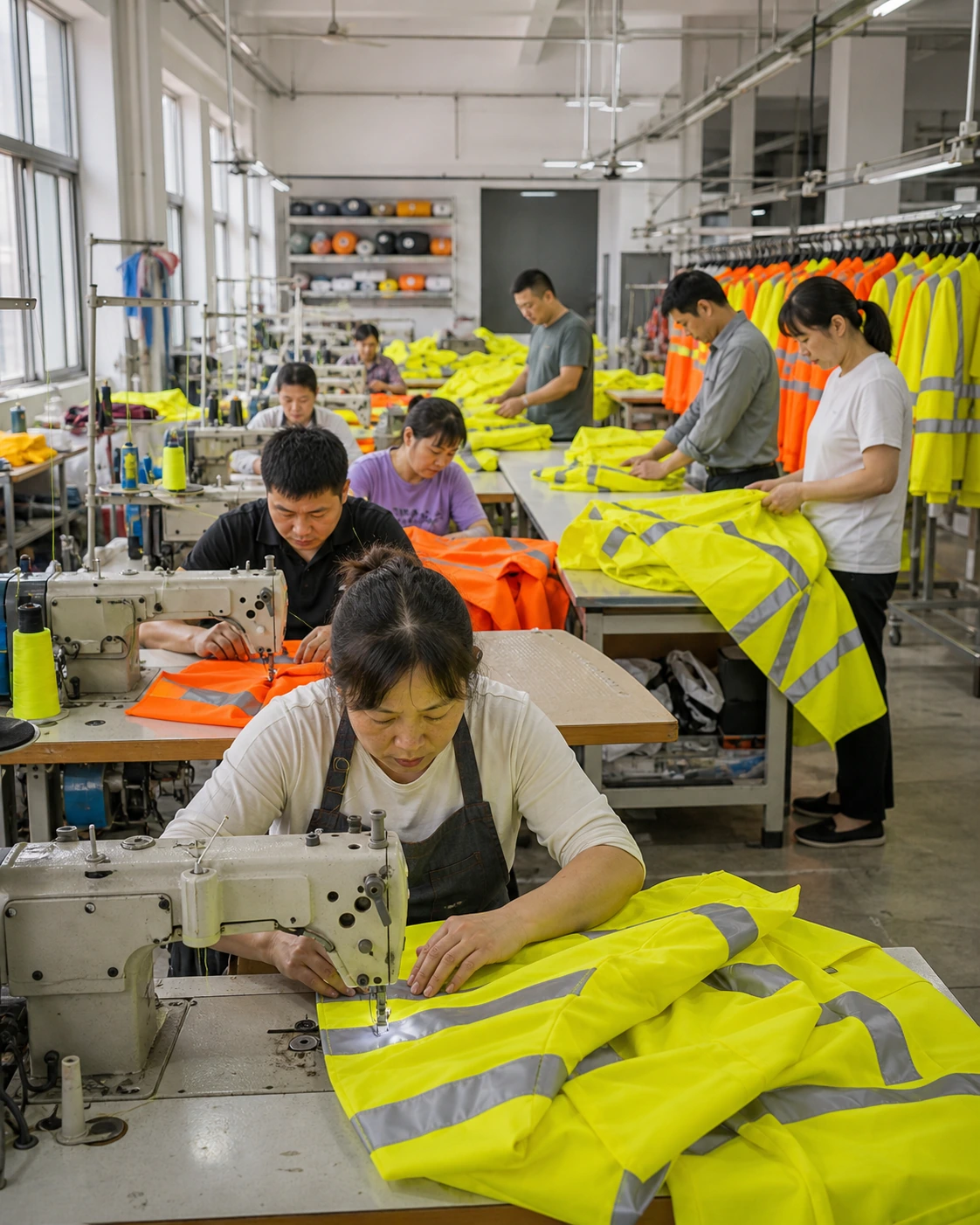 Chinese garment workers producing high-visibility reflective workwear in the RongYuanDa workshop