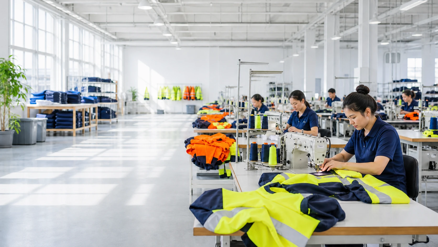 Bright modern garment factory producing high-visibility technical workwear
