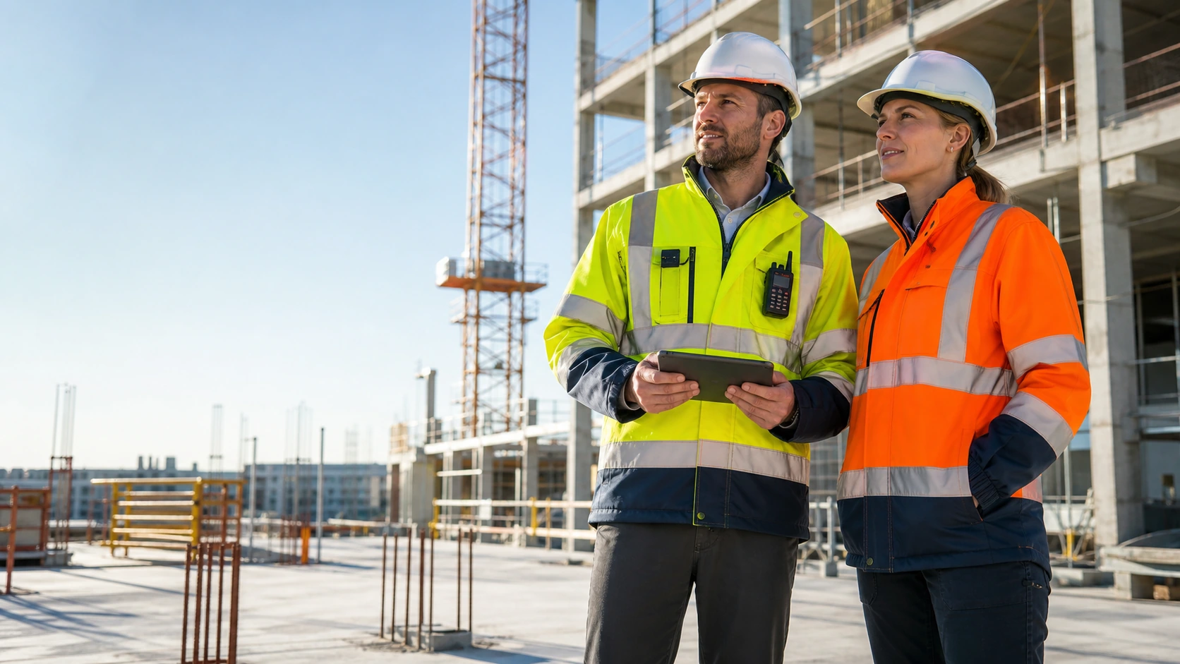 Construction professionals wearing reflective work jackets on a bright building site