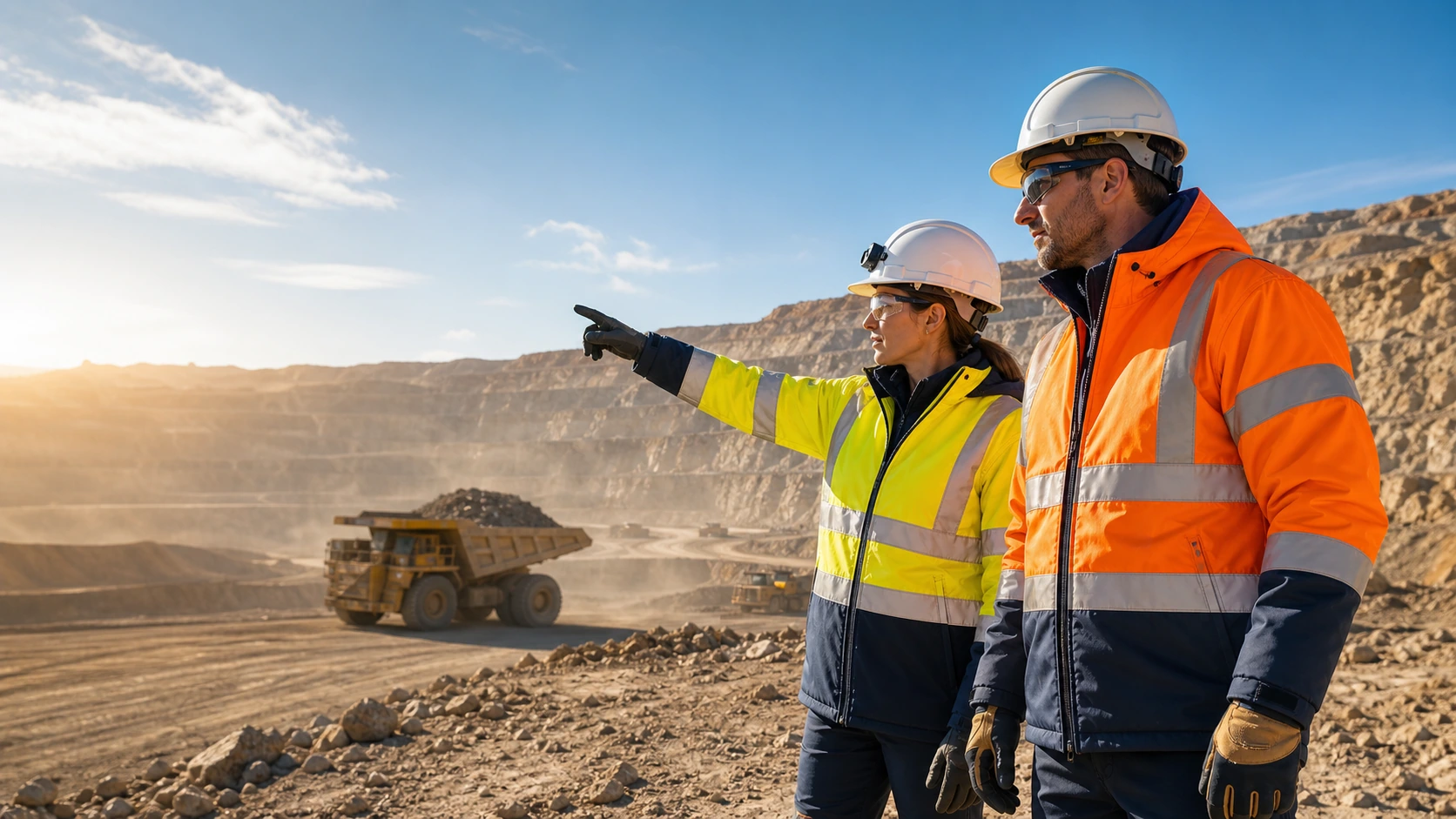 Mining professionals wearing high-visibility jackets at a sunlit open-pit mine