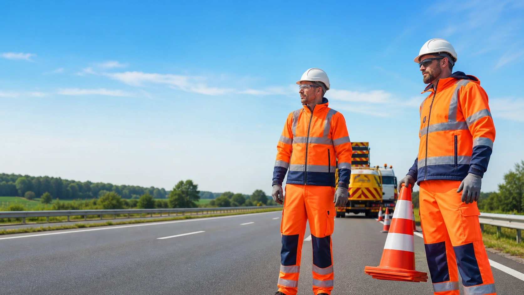 Road-maintenance workers wearing reflective orange workwear on a bright highway